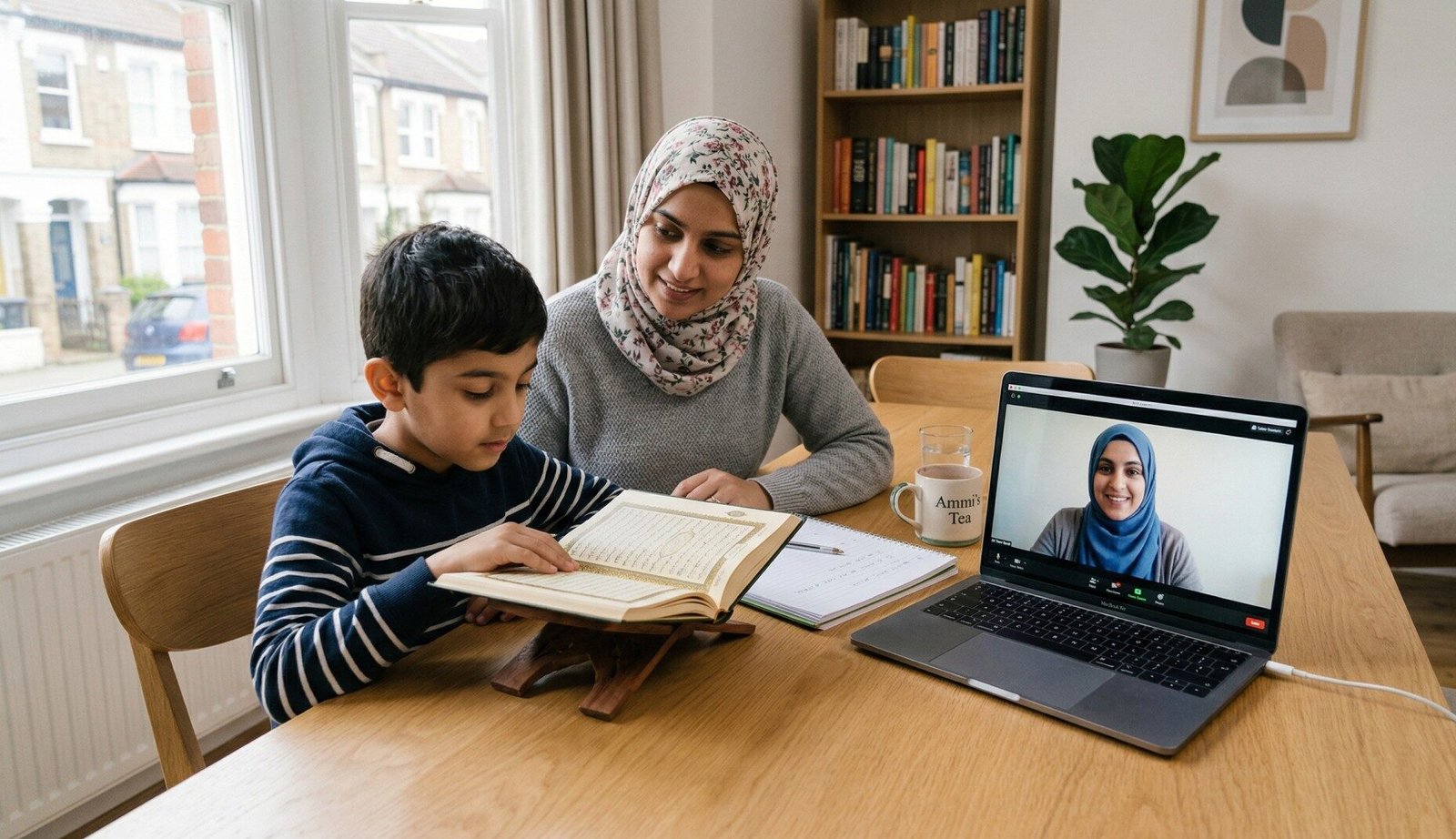 Muslim family engaged in Islamic homeschooling at home