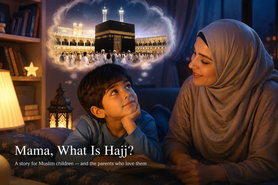 A Muslim mother sits with her son Omar on the sofa, looking at images of Hajj on television