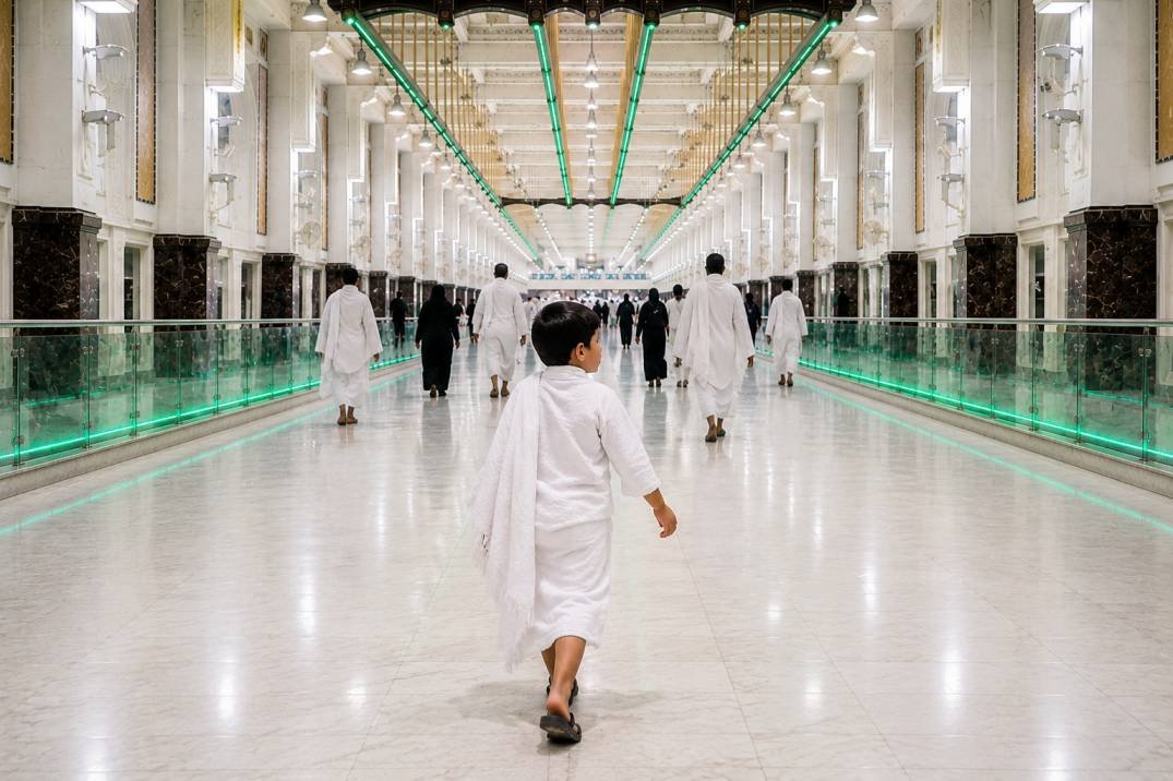 Omar walks between the hills of Safa and Marwa, imagining the journey of Hajar
