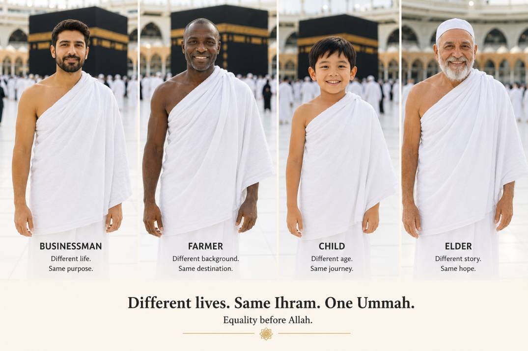 Pilgrims dressed in the simple white Ihram garment, illustrating the sacred state of equality before Allah