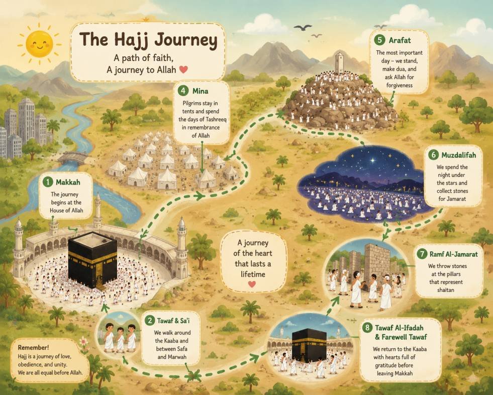 Complete map of the Hajj pilgrimage route showing all four sacred sites: Makkah, Mina, Muzdalifah, and the plain of Arafat