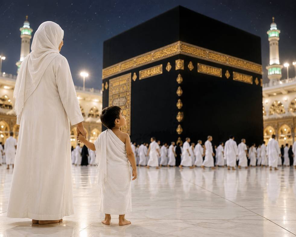 Omar and his mother standing together in front of the Kaaba, looking up at the sacred house of Allah