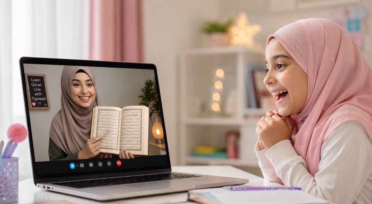 Female Quran teacher giving an online one-on-one class to a young child at Zaid Academy