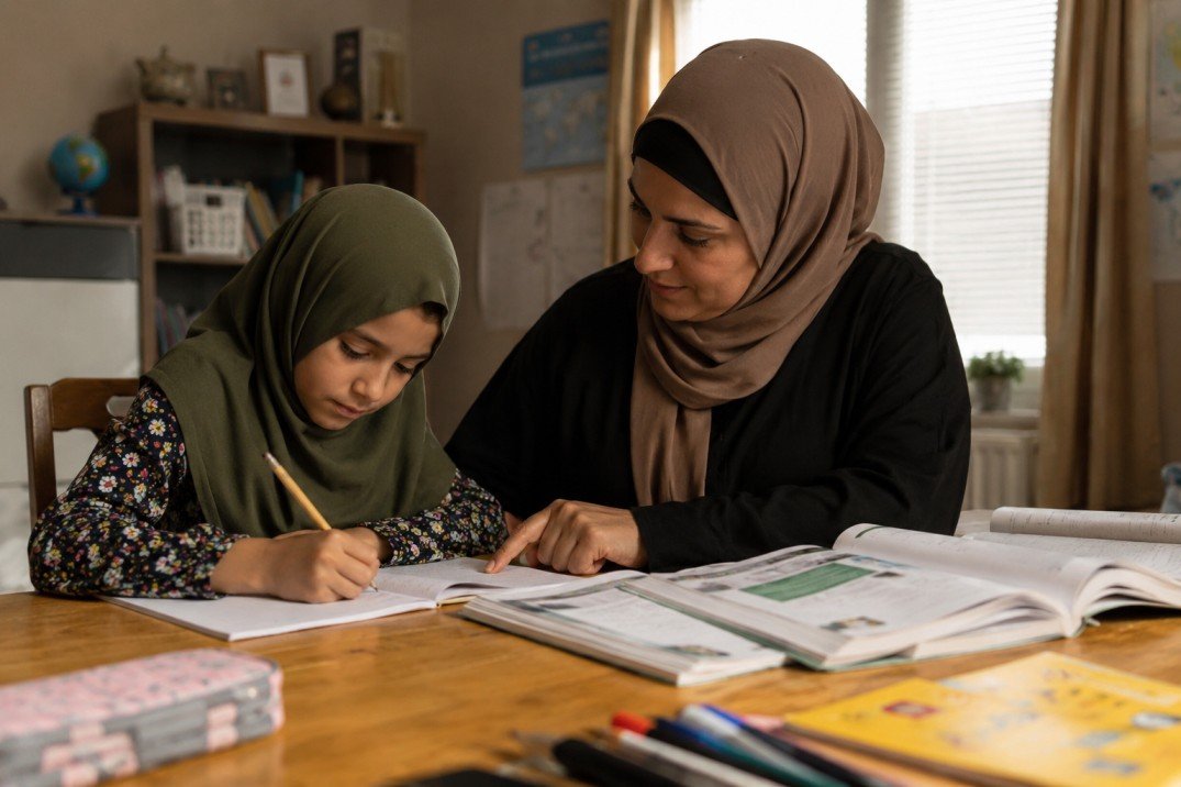 Muslim mother and child starting Islamic homeschooling at home