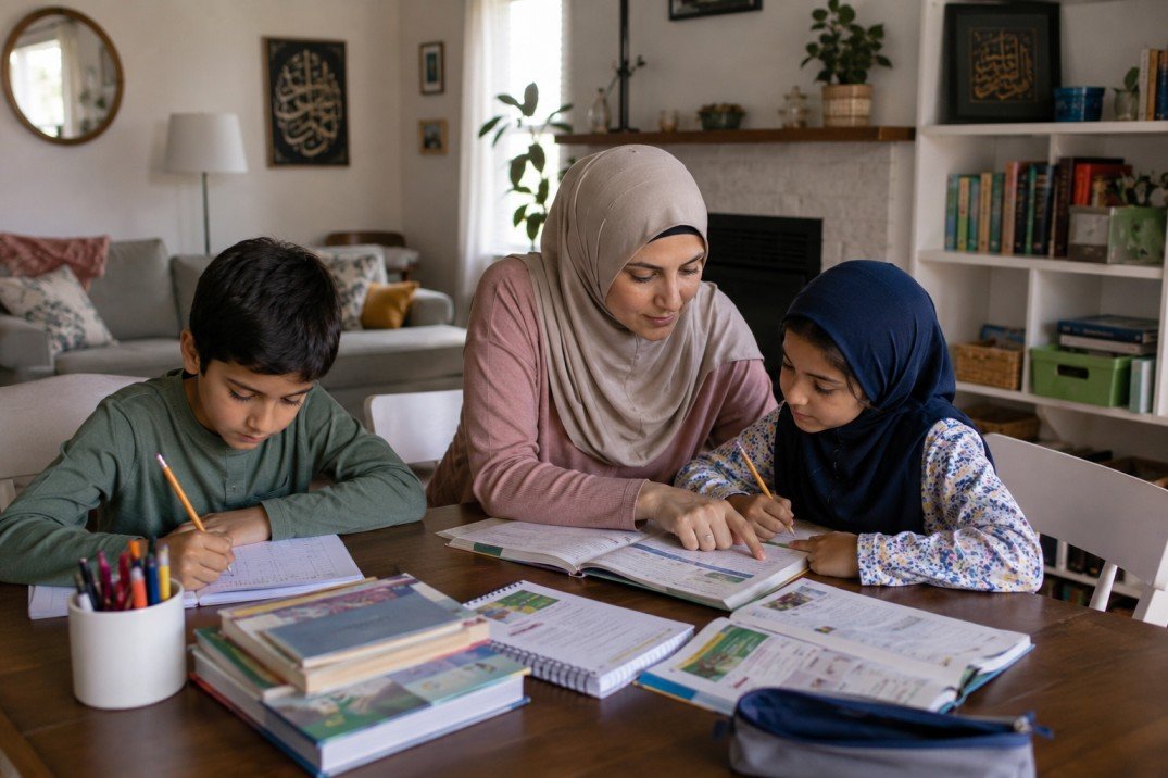 Muslim mother homeschooling her children at home with the Quran and books