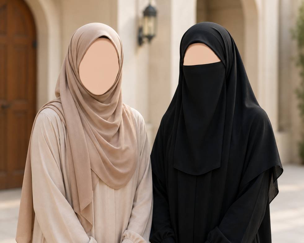 Illustration contrasting hijab and niqab as two different forms of Islamic dress