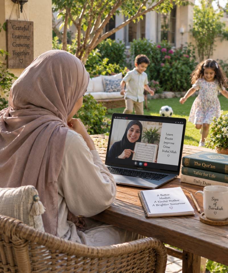 Muslim woman learning Quran online with a female teacher at Zaid Academy