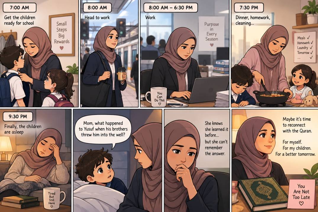 A working Muslim mother at home with her son, reflecting on her relationship with the Quran